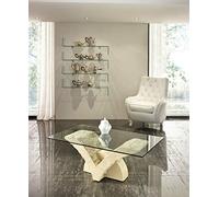 STONES HOME FURNITURE, Tavolino Salotto Moderno con Base in Pietra Fossile White Agata e Top in Vetro Rettangolare, Modello Papillon, Colore Beige, 70 x 120 x h 40 cm