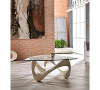 Tavolino Tetris Stone Decor E5 100x100xH42.5 cm, Vetro Trasparente, Gambe Beige in Pietra Fossile White Agata avorio