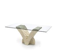 STONES HOME FURNITURE, Tavolo da Pranzo Moderno con Base in Pietra Fossile White Agata e Top in Vetro Rettangolare, Modello Papillon, Colore Beige, 100 x 180 x h 76 cm