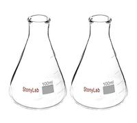 StonyLab 2 pezzi Boccette di Erlenmeyer a Bocca Stretta 100ml con Bordo Resistente Narrow Mouth Erlenmeyer Flasks - (100ml Adatte per Tappo in Gomma StonyLab 5#)