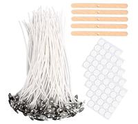 Stoppini per Candele, 15cm Stoppini per Candele Fai Da Te, 100 pezzi Set di Stoppini per Candele con Adesivi per Stoppini e Porta Stoppini in Legno