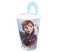 Bicchiere Bambine in plastica Disney Frozen da 430 ml, senza BPA, lavabile e riutilizzabile, con cannuccia e coperchio.