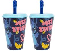 Stor Bicchiere plastica per bambini Disney Stitch da 430 ml, senza BPA, riutilizzabile e lavabile, con cannuccia e coperchio (Confezione da 2)