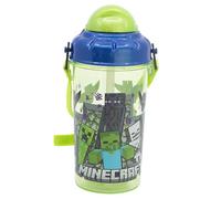 STOR Borraccia Bambini con Cannuccia Minecraft 465ml - Bottiglia Plastica Senza BPA con Coperchio e Tracolla per Scuola e Sport