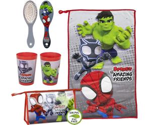 STOR Marvel Spidey Friends Set 3 Pz Asilo Asciugamano Spazzola e Bicchiere Auto