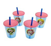 STOR Set 4 Bicchieri Bambini con Cannuccia Super Mario Bros 285ml Riutilizzabili Plastica PP Senza BPA Festa