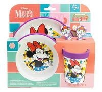 Set di stoviglie per bambini riutilizzabili antiscivolo con base in silicone bicolore composto da piatto, ciotola, bicchiere e posate in scatola Minnie