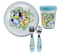 Stor, Set Pappa Bimba e Bimbo, Posate per Bambini, con Piatto e Tazza Riutilizzabili, Base in Silicone Antiscivolo, (Piatto, Tazza, Forchetta e Cucchiaio in Acciaio Inox) (Bluey)