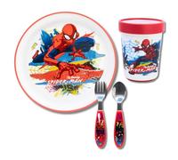 Stor, Set Pappa Bimba e Bimbo, Posate per Bambini, con Piatto e Tazza Riutilizzabili, Base in Silicone Antiscivolo, (Piatto, Tazza, Forchetta e Cucchiaio in Acciaio Inox) (Spiderman)