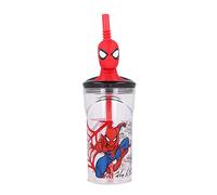 Bicchiere Originale Marvel Spiderman multicolore da 360 ML per bambini con cannuccia integrata e supereroi realizzati in 3D.