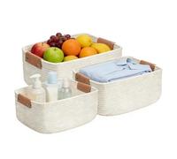 Storage Basket - Cotton Rope Organizer Bin Set, 3 Piece Braidedd Bins with Leather Handles | Multifunctional Rectangular Basket for Bathroom, Nursery, Bedroom, Shelves, Toy, Towel, Book Storage