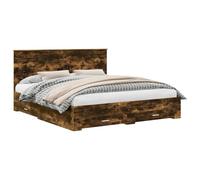 Storage Bed Frame 200x200 cm Smoked Oak Engineered Wood with Drawers, King Size Platform Bed with Slatted Base, Modern Upholstered Headboard, Space Saving Mattress Foundation for Bedroom Guest Room