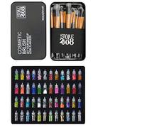 Store2508 - Set di pennelli da trucco con 12 pennelli e scatola portaoggetti in metallo + set per nail art 3D con 48 mini flaconi