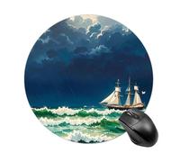 Stormy Waves - Tappetino per mouse rotondo, stile vintage, con barca a vela scorrevole, ad alta densità, portatile, comodo, per scrivania, casa, ufficio, 19 x 20 cm