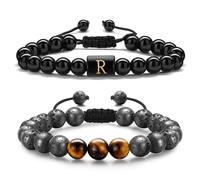 STORUP Bracciale da uomo con iniziali da 8 mm, occhio di tigre, pietra lavica fatta a mano, perle di ossidiana, bracciali regolabili per uomini e ragazzi, One Size, pietra sconosciuta