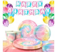 Stoviglie Festa Compleanno,16 Ospiti Set di Stoviglie Tie Dye - Piatti e Tovaglioli Tie-Dye, Bicchieri di Carta, Tovaglie Arcobaleno, Striscioni e Palloncini ecc per Feste Tie-Dye Arcobaleno