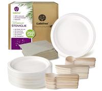 Stoviglie monouso 250 pezzi per 50 persone. Stoviglie ecologiche realizzate con canna da zucchero. Include 50 piatti, 150 posate in legno e 50 tovaglioli.