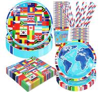 Stoviglie Monouso a Tema Bandiere di Tutto il Mondo,Set Compleanno per 24 Ospiti con 120 Pezzi tra Piatti,Bicchieri,Tovaglioli e Cannucce di Carta,Decorazioni Usa e Getta per Bambino Bambina Party