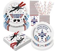 Stoviglie Monouso a Tema Pilota di Caccia per Bambini,Set Compleanno per 24 Ospiti con 120 Pezzi tra Piatti,Bicchieri,Tovaglioli e Cannucce di Carta,Decorazioni Usa e Getta per Bambino Bambina Party