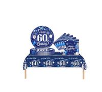 Stoviglie per feste 60° compleanno, uomini e donne, 37 pezzi, blu navy, argento, 60° compleanno, decorazioni tovaglie, tovaglioli, tovaglioli, tovaglioli per adulti, per lui, 60° compleanno