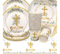 Stoviglie per Feste Comunione,Doyomtoy God Bless Decorazioni Battesimo Tema Piatti di Compleanno, Tazze, Tovaglioli per Baby Shower Decorare Feste di Battesimo con Croce 20 Ospiti