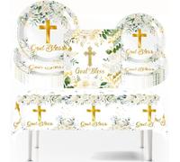 Stoviglie per Feste Comunione,Set di stoviglie per feste di comunione, God Bless Decorazioni a tema Compleanno Piatti,con motivo a croce