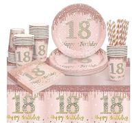 Stoviglie per Feste di Compleanno Ragazza, 69pcs Piatti Rosa Compleanno Set Include Piatti Carta Tovaglioli Tazze Tovaglia, Stoviglie Usa e Getta Piatti e Bicchieri per Feste 18 Compleanno (16 Ospiti)