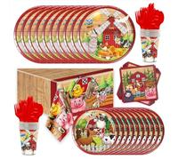 Stoviglie per Feste di Fattoria, 81pcs Kit Piatti Tazza Di Carta Tovaglioli Animali da Fattoria Tovaglia Forchetta Compleanno Decorazioni per Bambini Uomini Donne di Compleanno Supplies per 10 Ospiti