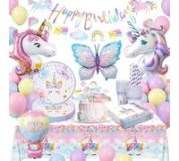 Stoviglie per Feste, Unicorno Palloncini Decorazioni Compleanno 5 Anni con Farfalla Palloncini, Decorazioni Unicorno Compleanno per 5 Anni Ragazze 16 Ospiti