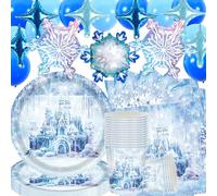 Stoviglie per il Castello della Principessa,81Pcs Piatti di carta Asciugamani di Carta Bicchieri di Carta Palloncini a Fiocco di Neve,Per Festa di Compleanno invernale,Forniture per la Festa di Natale