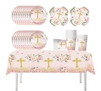 Stoviglie per la festa della comunione,Fuwraixis 61 pezzi God Bless Decorazioni a tema Compleanno Piatti, tazze, tovaglioli per battesimo di un neonato,con motivo a croce,20 Ospiti