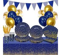 Stoviglie Piatti Festa per Feste Compleanno Oro Blu, 20 Ospiti Set Piatti di Carta e Bicchieri con Tovaglioli, Tovaglia, per Baby Shower Matrimoni Anniversari Laurea Natalizi Feste Decorazione