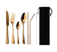 Stoviglie portabili da 8 pezzi, cannucce in metallo, compatibili con stoviglie, coltello bistecca, forchetta, cucchiaino, set di posate cena(Rose Gold)