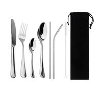 Stoviglie portabili da 8 pezzi, cannucce in metallo, compatibili con stoviglie, coltello bistecca, forchetta, cucchiaino, set di posate cena(Silver)