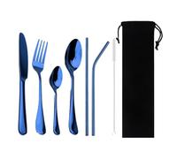 Stoviglie portabili da 8 pezzi, cannucce in metallo, compatibili con stoviglie, coltello bistecca, forchetta, cucchiaino, set di posate cena(Blue)