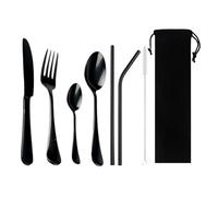 Stoviglie portabili da 8 pezzi, cannucce in metallo, compatibili con stoviglie, coltello bistecca, forchetta, cucchiaino, set di posate cena(Black)