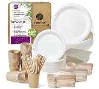Stoviglie usa e getta 400 pezzi per 25 persone. Stoviglie ecologiche in canna da zucchero. Include 100 piatti 150 posate di legno, 50 bicchieri di carta kraft con 50 cannucce e 50 tovaglioli.
