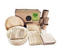 Stoviglie Usa e Getta - In Foglie di Palma, 255 Pezzi per 25 Persone, Piatti Monouso Rotondi con Vassoi, Posate in Legno, Bicchieri in Kraft e Bicchieri da Caffè con Bastoncini, Campeggio e Barbecue