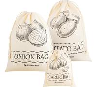 STOWBERRY Set di 3 sacchetti riutilizzabili in cotone ecologico per patate, cipolle e aglio, contenitori traspiranti per la conservazione delle verdure e l'organizzazione della cucina