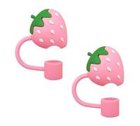 STRACOUPI Copertura per cannuccia 3D a forma di fragola rosa, compatibile con Stanley Cup, in silicone, riutilizzabile, design carino, 2 pezzi, accessori per cannucce da 8-10 mm (a)
