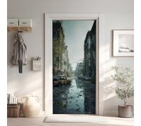 Strada Abbandonato Adesivi per Porte Autoadesiva, Città Vecchia Poster Adesivi in PVC, Architettura Carta da Parati in Vinile per la Casa 85x215 cm