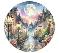 Strada al chiaro di luna Puzzle 1000 Pezzi Rotondo Carta Puzzle per Adulti Luci magiche città antica