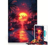 Strada al tramonto con palme e auto, puzzle da 1000 pezzi per adolescenti, gioco di allenamento mentale, gioco di gruppo, taglio di precisione, regalo per le festività 38x26cm