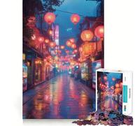 Strada asiatica piovosa con lanterne - Puzzle difficile per adulti da 1000 pezzi - Enigmistica rilassante - Arte da assemblare - Regalo speciale (50x75cm)