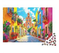 Strada Cittadina Colorata Puzzle 1000 Pezzi Carta per Adulti Scena Chiesa Gioco di Puzzle 1000 Pezzi Relax Famiglia Regalo 52x38cm/1000pcs