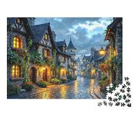 Strada Villaggio Medievale Puzzle 1000 Pezzi Viaggio per Adulti Accogliente Villaggio Medievale in una Piovosa Serata Splendente Premium Robusto Alta Qualità Stimolante Antistress 38x26cm/1000pz