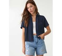Stradivarius - Camicia a maniche corte in misto lino color blu scuro-Blu navy XL