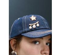 Stradivarius - Cappellino in denim lavaggio candeggiato chiaro con toppe-Blu M