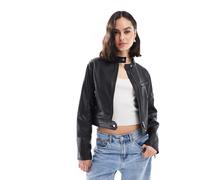 Stradivarius - Giacca nera in pelle sintetica senza colletto-Nero L
