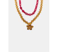 Stradivarius - Set da 2 collane con perline e fiore color senape-Giallo M